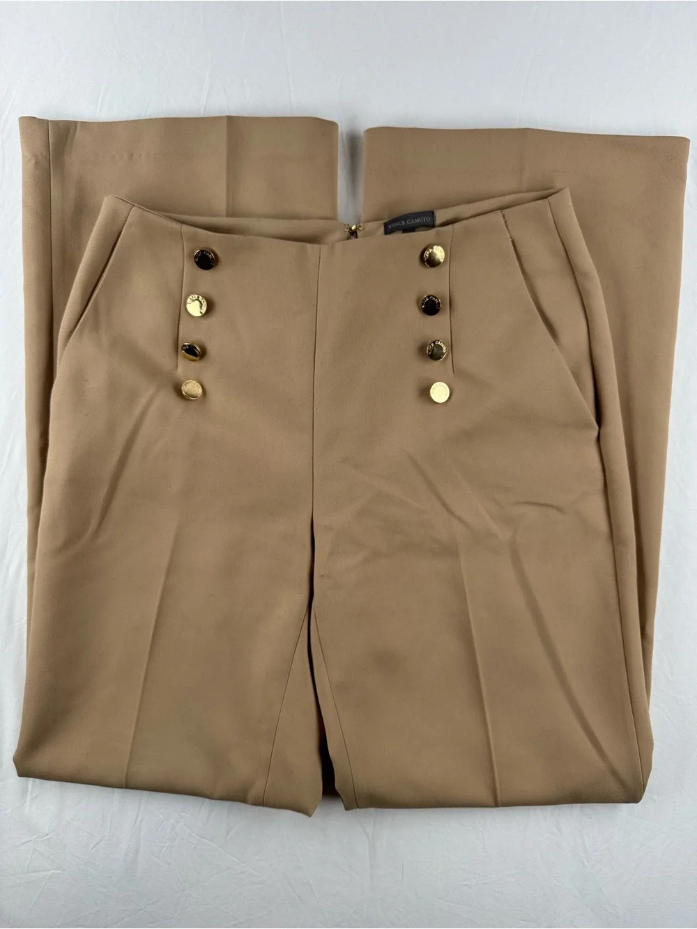 Vince Camuto Tan High-Waist Tailored Trousers with Gold Buttons - Picture 1 of 7
